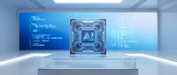 Futuristic AI processor chip floating in high-tech laboratory with holographic data displays and blue digital interface for technology presentations.