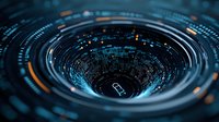 Futuristic digital vortex with mobile phone icon and glowing blue circular patterns creates dynamic technological tunnel effect against dark background.