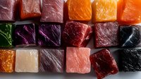 Colorful array of natural gemstones and minerals in cube shapes showcasing varied textures and vibrant hues against dark background, suitable for jewelry design layouts.