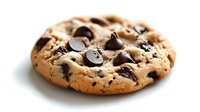 Freshly baked chocolate chip cookie with melted chips on white background, isolated for bakery, food, and dessert design projects.