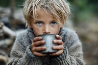 Young blonde child with blue eyes drinking from metal cup outdoors wearing cozy knit sweater in natural forest setting for lifestyle and childhood concepts.