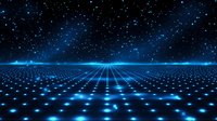 Futuristic blue glowing grid perspective stretching to horizon under starry night sky with bright light beams, creating technological landscape background.