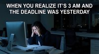 Stressed businesswoman working late at night in dark office realizing missed deadline, head in hands showing work pressure and time management failure.