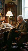 Elderly Caucasian man in tweed jacket reading book in classic home library, fluffy cat resting on antique desk beside him, warm cozy atmosphere.