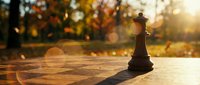Chess king piece standing on wooden board with warm autumn sunlight and colorful fall foliage creating beautiful bokeh background for strategic thinking concepts.