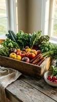 Fresh organic vegetables and herbs in rustic wooden crate on farmhouse table. Seasonal harvest with tomatoes, carrots, leafy greens for healthy cooking.