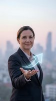 Middle-aged woman professional in dark blazer holding glowing upward arrow symbol against blurred cityscape skyline at dawn, representing business growth, success, and financial advancement for corporate presentations.