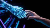 Digital wireframe hand reaching toward human hand symbolizing AI technology connection and futuristic human-machine interaction on dark background.