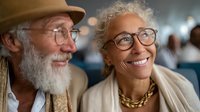 Happy senior Caucasian couple with glasses smiling together in warm indoor lighting. Elderly man with white beard and hat, woman with curly gray hair.