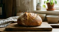 Freshly baked artisan sourdough bread loaf on wooden cutting board in rustic kitchen setting with natural window light for food photography and cooking content.