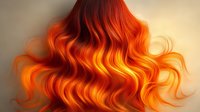 Vibrant orange and yellow wavy hair with ombre effect, flowing in soft curls against neutral background, showcasing modern hair coloring technique.
