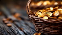 Golden coins in dark woven basket on rustic wooden table with dramatic lighting and shallow depth of field, symbolizing wealth, savings and financial success.