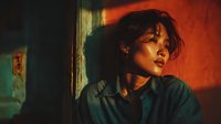 Young Asian woman with closed eyes in dramatic red and teal lighting, wearing denim shirt, creating moody cinematic atmosphere for storytelling or emotional concepts.