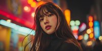 Young Asian woman with bangs in urban nightlife setting with colorful neon lights and bokeh background creating moody atmospheric portrait.