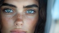Young woman with striking blue eyes, dark eyebrows, and natural freckles in close-up portrait. Soft natural lighting highlights facial features and creates dreamy atmosphere.