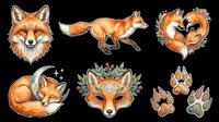 Watercolor fox collection featuring head portrait, running pose, intertwined pair, sleeping curl, decorative mask with foliage, and paw prints. Isolated on transparent background, ready for t-shirts, clipart, stickers, and print-on-demand designs.