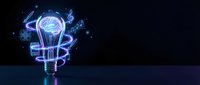 Glowing neon lightbulb with brain inside surrounded by musical notes and electric energy effects on dark background for creative innovation concepts.