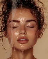 Young Hispanic woman with wet curly hair and closed eyes, water streaming down face, natural makeup, glowing skin against beige background for beauty and skincare advertising.