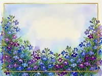 Watercolor floral frame with blue and purple wildflowers, gold border, and blank center space for text or greeting card design.