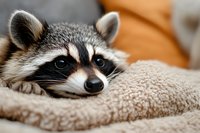 Curious raccoon resting head on soft beige blanket, close-up portrait showing distinctive mask markings and alert eyes against blurred background.