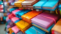 Colorful leather notebooks and journals arranged on wooden shelves in stationery store display, featuring vibrant pink, yellow, blue, and orange covers with elastic closures.