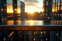 Modern city skyline at golden hour sunset with blurred skyscrapers and warm light reflecting on wet surface, suitable for business and urban backgrounds.