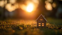 Miniature house model on grass at sunset with warm golden bokeh, symbolizing real estate, home ownership, and property investment dreams.