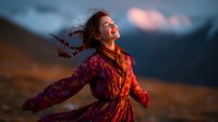 Young woman with curly hair in colorful ethnic dress enjoying sunset in mountains, arms outstretched in freedom pose against dramatic landscape.