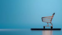 Shopping cart on smartphone screen against blue background, representing mobile commerce and digital retail technology for online shopping applications.