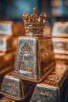 Decorative golden crown placed on top of silver bullion bars with selective focus and warm lighting creates luxurious wealth composition.