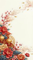Elegant Asian-inspired floral border design featuring red peonies, pink cherry blossoms, golden lanterns, and ornamental clouds on cream background. Perfect for invitations, greeting cards, and festive celebrations.