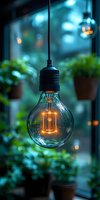 Glowing vintage light bulb hanging against blurred green plants and turquoise background creates cozy atmospheric mood in evening garden or cafe setting.