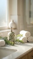Elegant bathroom spa setup with rolled white towels, decorative soap dispenser and eucalyptus branches on marble countertop for relaxation and wellness.