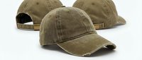 Vintage distressed olive green baseball caps with worn texture, adjustable strap, casual streetwear style, shown from multiple angles on light background.