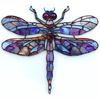 Stained glass style dragonfly with iridescent purple and blue wings on white isolated background, mosaic pattern design element for decorative artwork.