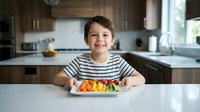 Happy young boy with striped shirt sitting at kitchen counter with colorful fresh vegetables on plate, promoting healthy eating habits for children.