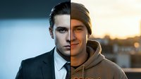 Professional businessman in suit transforms into casual young man in hoodie showing dual personality concept at sunset.