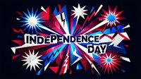 Patriotic fireworks explosion with red white blue stars and Independence Day text on dark background for holiday celebrations and national pride events.