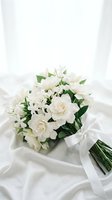 Elegant white wedding bouquet with roses and jasmine flowers tied with satin ribbon on soft fabric background for bridal ceremony and romantic celebrations.