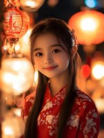 Young Asian woman in red floral traditional dress smiling warmly against glowing paper lanterns background with soft bokeh lights creating festive atmosphere.