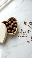 Heart-shaped box of luxury chocolate truffles with gold accents, love lettering in cocoa powder, marble surface, Valentine's Day gift concept.