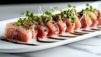 Fresh tuna sashimi slices garnished with microgreens and black sesame seeds arranged on white rectangular plate, close up view of gourmet Asian cuisine presentation.