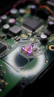 Computer circuit board with glowing purple triangle symbol representing artificial intelligence and machine learning technology for tech presentations.