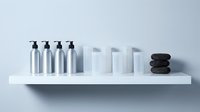 Minimalist bathroom shelf with silver pump bottles, white containers and dark towels arranged on clean white floating shelf against gray wall for spa decor.