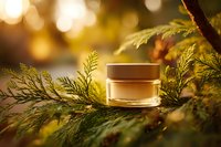 Luxury skincare cream jar nestled among evergreen branches with warm golden sunlight creating natural spa atmosphere for organic beauty products.