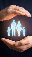 Protective hands surrounding glowing family silhouettes representing life insurance, healthcare coverage, and family security concepts for financial planning.