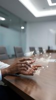 Businessman hands with digital network hologram in modern conference room representing connectivity and innovation in corporate technology solutions.