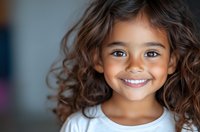 Young mixed race girl with curly dark hair and bright smile wearing white shirt, looking at camera with joyful expression against blurred background.
