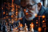 Senior Caucasian man with gray beard and glasses playing chess, illuminated by warm orange bokeh lights creating atmospheric mood for strategic thinking.