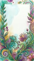 Watercolor floral frame with teal, purple, and gold swirls, leaves, and blooms surrounding a blank center for text or design.